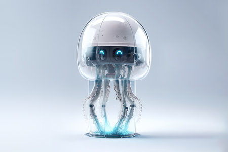Cybernetic cute jellyfish robot with transparent glass body, 3D style digital illustrationの素材