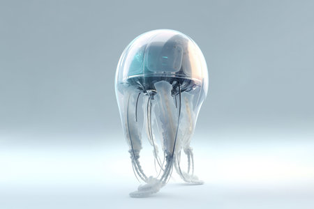 Cybernetic cute jellyfish robot with transparent glass body, 3D style digital illustrationの素材