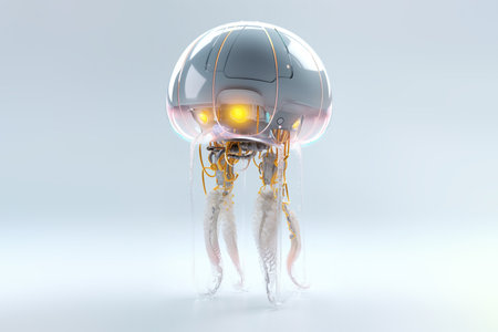 Cybernetic cute jellyfish robot with transparent glass body, 3D style digital illustrationの素材