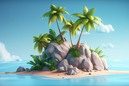 A small isolated island with palm trees. 3d plasticine clay dough style travel tropical illustrationの素材