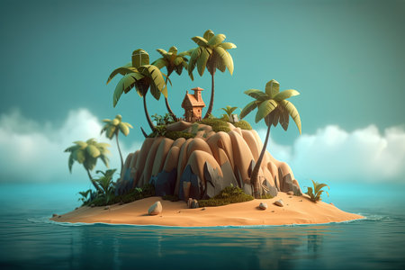 A small isolated island with palm trees. 3d plasticine clay dough style travel tropical illustrationの素材