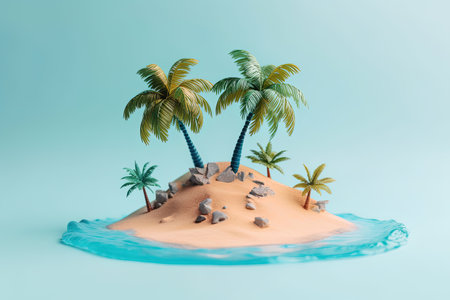 A small isolated island with palm trees. 3d plasticine clay dough style travel tropical illustrationの素材