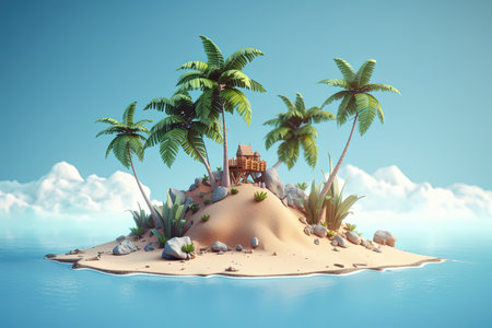 A small isolated island with palm trees. 3d plasticine clay dough style travel tropical illustrationの素材