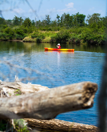 Young Woman Kayaking Alone on a Calm River and Wearing a Safety Vestの写真素材
