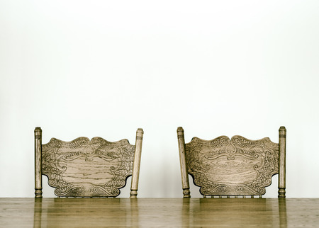 Wooden Dining room table and chair details and blank wall for your text, image or logo.の写真素材