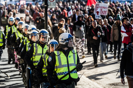 MONTREAL, CANADA, APRIL 02 2015. Riot in the Montreal Streets to counter the Economic Austerity...