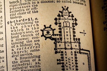 October 7th, 2015 - Montreal, Canada. Old and Vintage 1945 English Webster Dictionary. Illustration and Definition of a Cathedralのeditorial素材