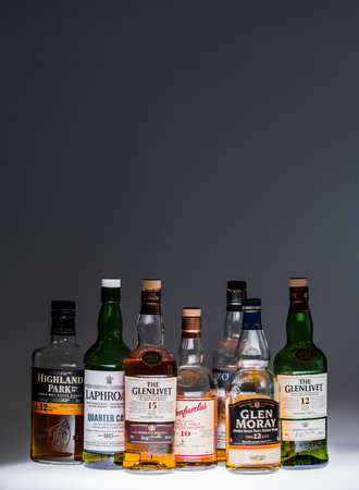 October 1st - Montreal, Canada. Collection of a few Good and Popular Single Malt Scotch Bottles in studio.のeditorial素材