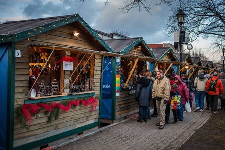 Longueuil, CANADA - December 22nd 2015. Christmas Market Taking Place in a Park. General Wide View of a few of the More than Fifty Vendors Present.のeditorial素材