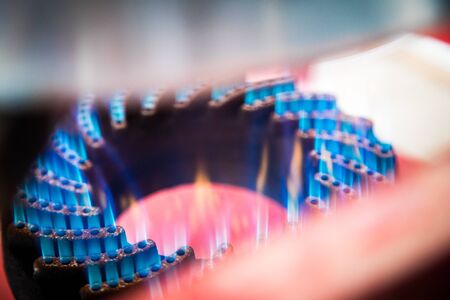 Outdoor Propane Burner Details of the Flames and Kettle on top of it Brewing Beer.の写真素材