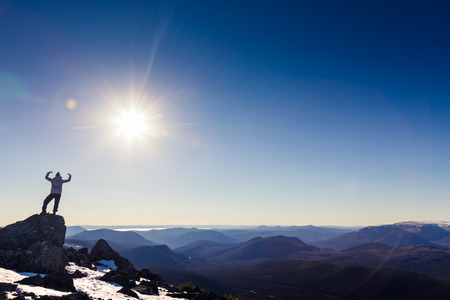 Victorious Woman Enjoying the Success of the Richardson Mountain's Summit in Gaspe, Quebec, Canada.の写真素材