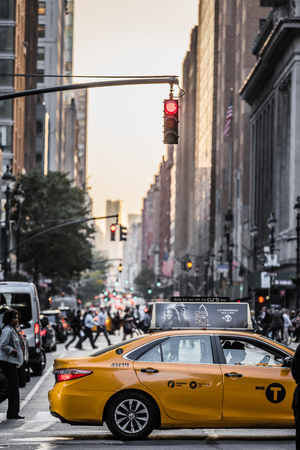 NEW YORK, USA - October 18, 2016. Lexington Crowdy Avenue in Manhattan at around 5PM on a Red Light...