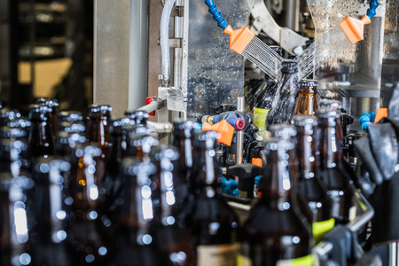 Bottles washing on conveyor of a micrebrewery.