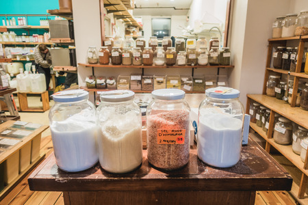 Montreal, Canada _ November 27, 2017.
Salts and other Products Available in Bulk at Frenco, a Zero Waste Company in Montreal.のeditorial素材