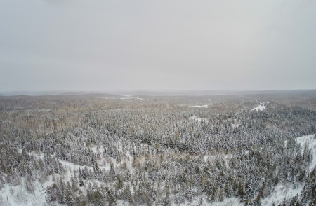 Aerial View of Wild Nature and Forest during Winter in Quebec, Canadaの写真素材