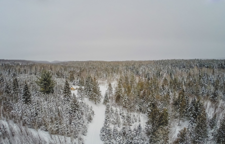 Aerial View of Forest and Little Canadian Log Wood Shack during Winter in Quebec, Canadaの写真素材