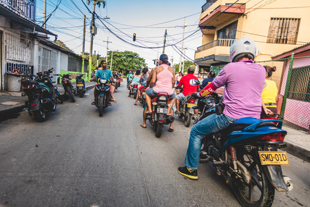 SAN ANDRES ISLAND, Colombia _ Circa March 2017. Downtown San Andres Rush Hour and Traffic with Motorcycles and Scooters Everywhere.のeditorial素材