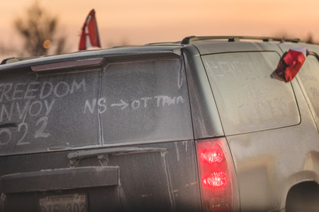 Montreal, Quebec, Canada - January 28 2022. Van Traveling from Nova Scotia to Ottawa in the Convoy for Freedom 2022.のeditorial素材
