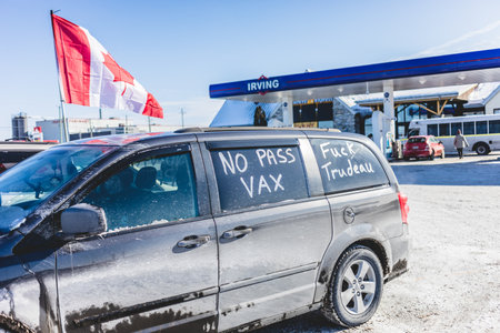 St Liboire, Quebec, Canada - January 28 2022. Protesters Supporting the Truckers Freedom Convoy 2022...