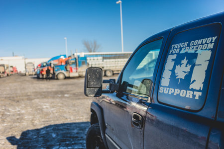 St Liboire, Quebec, Canada - January 28 2022. Pickup Truck with Sticker in Support of the Freedom Convoy 2022 Ready to leave for Ottawa.のeditorial素材