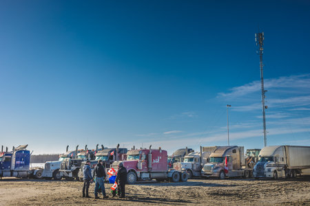 St Liboire, Quebec, Canada - January 28 2022. Many Truckers of the Freedom Convoy 2022 Ready to leave for Ottawa.