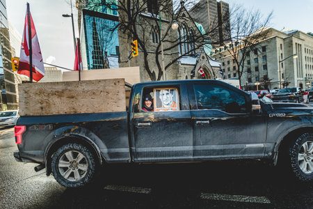 Ottawa, Ontario, Canada- January 29 2022. Decorated Vehicule in Ottawa Convoy for Freedom 2022 Protesting in the Streetsのeditorial素材