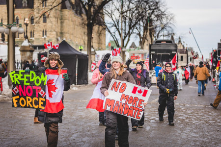 Ottawa, Ontario, Canada - January 30 2022. Protesters in Ottawa Convoy for Freedom 2022 Protesting...