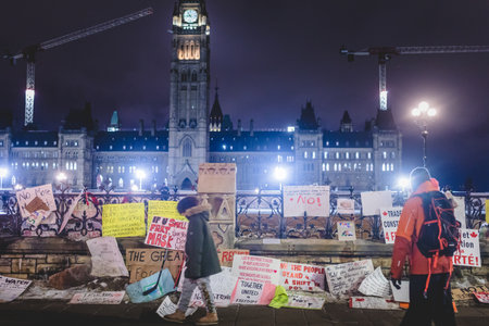 Ottawa, Ontario, Canada - February 10, 2022. Protest Sign in Front of Ottawa Parliament During Freedom Convoy Protestのeditorial素材