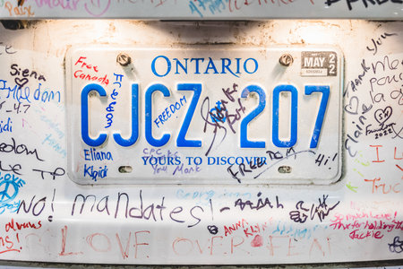 Ottawa, Ontario, Canada - February 10, 2022. Freedom Convoy Protest in Ottawa. People Signing and Writing Motivation and Thank you Messages on Cars and Trucks.のeditorial素材