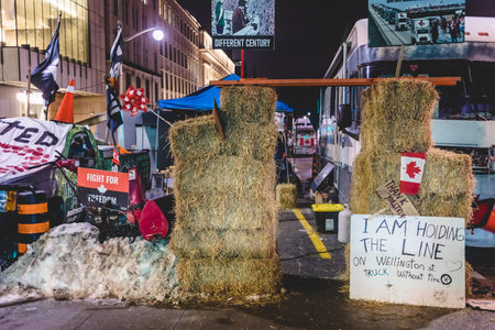 Ottawa, Ontario, Canada - February 10, 2022. Blocked Wellington Street at Night During Freedom Convoy Protestのeditorial素材