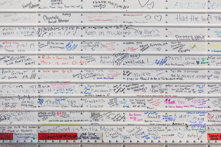 Ottawa, Ontario, Canada - February 13, 2022. Freedom Convoy Protest in Ottawa. People Signing and Writing Motivation and Thank you Messages on Cars and Trucks.のeditorial素材