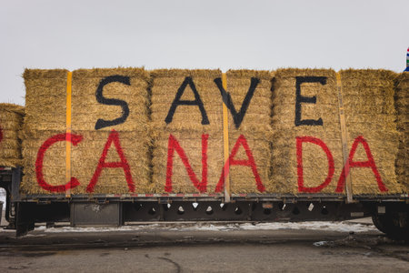 Ottawa, Ontario, Canada - February 11, 2022. Parked Truck with message during Freedom Convoy Protest...