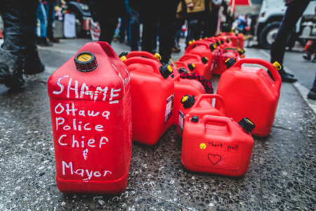 Ottawa, Ontario, Canada - February 11, 2022. Message to Police Chef and Mayor about when they Confiscated Fuel the Week Before during Freedom Convoy Protest in Ottawa.のeditorial素材