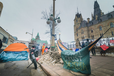 Ottawa, Ontario, Canada - February 11, 2022. Camping Setup on Wellington Street During Freedom Convoy Protest in Ottawa.のeditorial素材