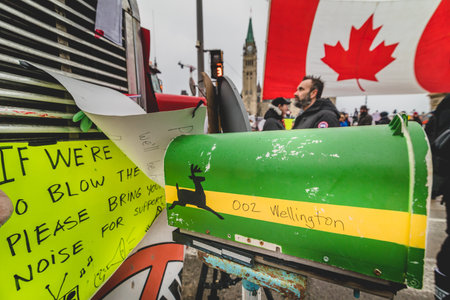 Ottawa, Ontario, Canada - February 11, 2022. Imprivised Mailbox on Wellington Street Front or Parliament Hill During Freedom Convoy Protest in Ottawa.のeditorial素材