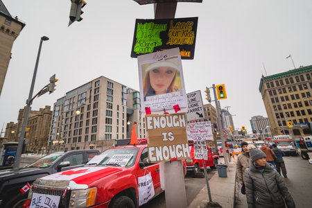 Ottawa, Ontario, Canada - February 11, 2022. Sign and Messages During Freedom Convoy Protest in Ottawa.のeditorial素材