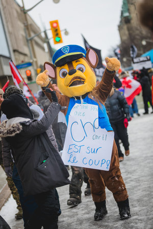 Ottawa, Ontario, Canada - February 12, 2022. Police Cat Mascot during Freedom Convoy Protest in Ottawa.のeditorial素材