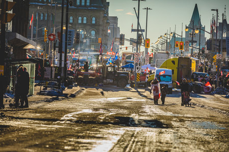 Ottawa, Ontario, Canada - February 13, 2022. Crowd of Protesters during Freedom Convoy Protest in Ottawa.のeditorial素材