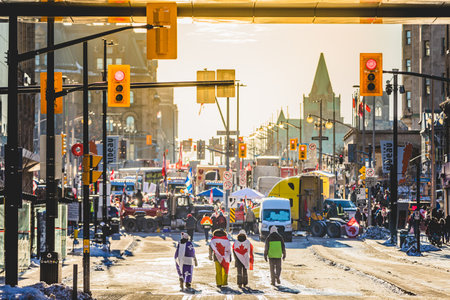 Ottawa, Ontario, Canada - February 13, 2022. Crowd of Protesters during Freedom Convoy Protest in Ottawa.のeditorial素材