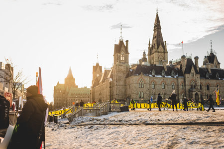 Ottawa, Ontario, Canada - February 13, 2022. Protester Messages at the Parliament during Freedom Convoy Protest in Ottawa.のeditorial素材
