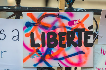 Ottawa, Ontario, Canada - February 13, 2022. Protester Placard on the Fence of the Parliament during Freedom Convoy Protest in Ottawa.のeditorial素材