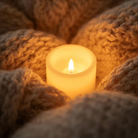 Burning candle in the shape of a heart on a knitted backgroundの素材