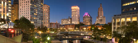 Downtown panoramic city view over the Woonasquatucket River canal in Providence Rhode Island USAの写真素材