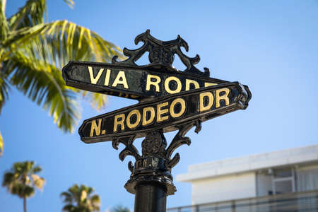 Rodeo Drive road marker in the Beverly Hills shopping district of Los Angeles California USAの写真素材