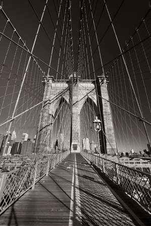 Pedestrian path over the Brooklyn Bridge connecting Manhattan New York City over the East Riverの写真素材