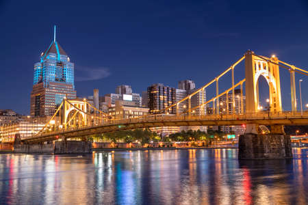 City skyline view over the Allegheny River and Roberto Clemente Bridge in downtown Pittsburgh Pennsylvania USAの写真素材