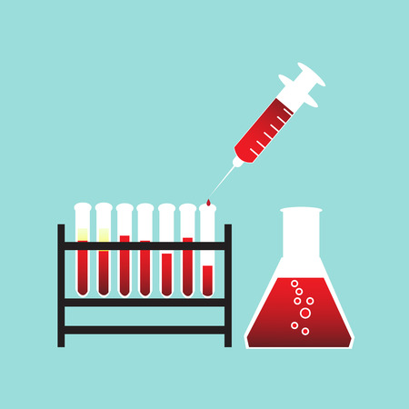 Test tube with blood and syringe on blue backgroundのイラスト素材