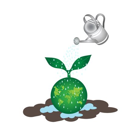 pot watering tree and grow green earth globeのイラスト素材