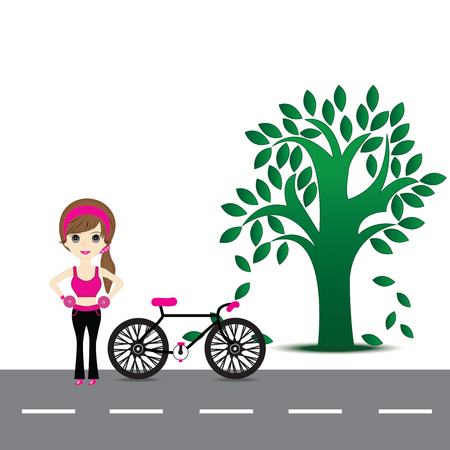 woman exercise and bicycles on the Roadのイラスト素材