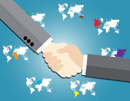 Two business men shaking hands on world map backgroundのイラスト素材
